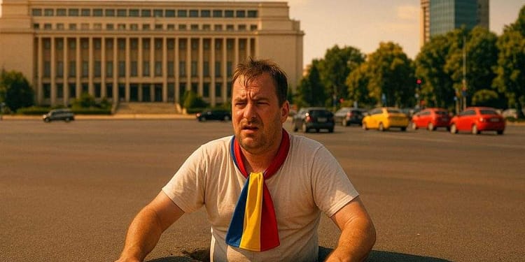 Un suveranist a rămas înfipt în Piața Victoriei după ce s-a dat prea tare cu curul de pământ