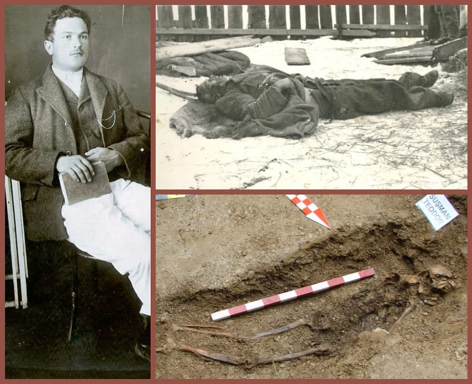 Teodor Șușman. Portret, imagine de la deces și mormântul său, deshumat. Sursa: Gheorghe Petrov