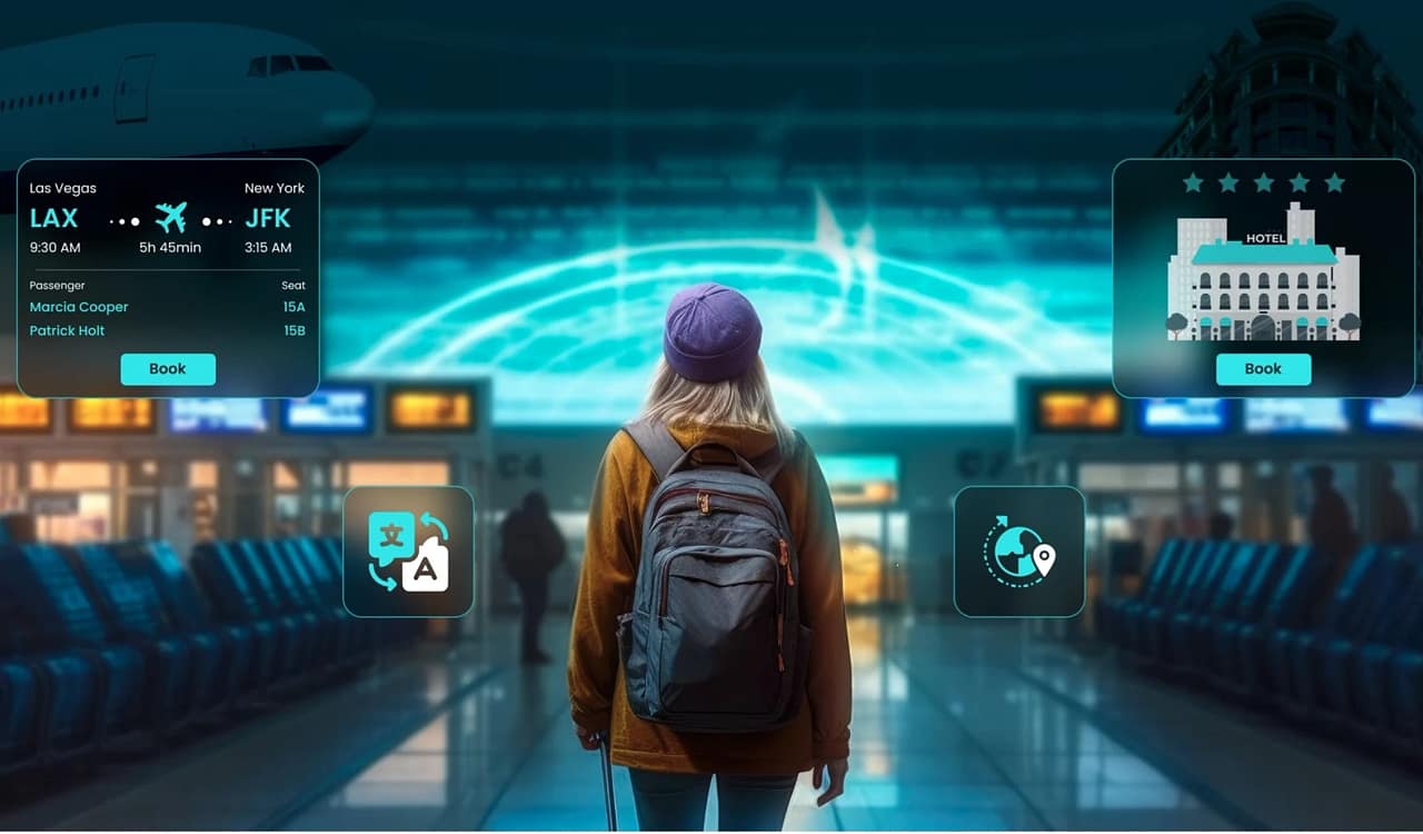 O turistă în aeroport înconjurată de tehnologie ca asistent virtual digital Foto Intuz com