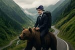 Omul extremelor! După imaginile cu el în pijamale, Nicușor a călărit un urs pe Transfăgărășan