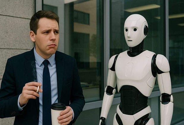 Un corporatist înlocuit de un robot la job nu înțelege de ce ăla nu ia pauze de țigară