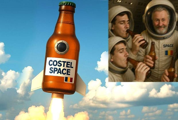 Inspirat de Bezos, Nea Costel şi-a dus prietenii în spaţiu cu o rachetă în formă de sticlă