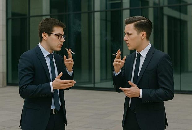 Record naţional. Doi corporatişti din Pipera stau la ţigară şi discută politică de 8 zile
