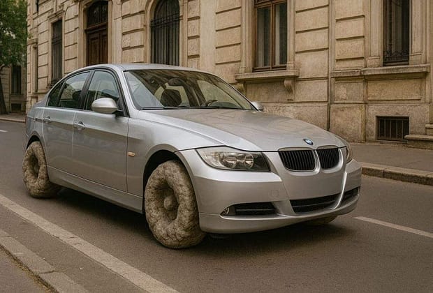 Șoferii de BMW, obligați să-și pună roți din piatră, să nu mai prindă suta pe trecerea de pietoni