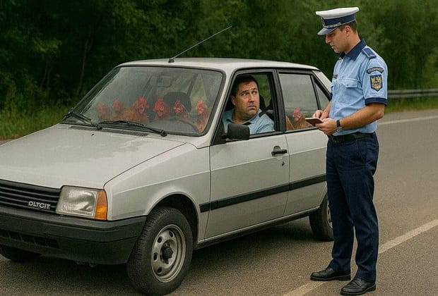 Șofer de Oltcit, amendat pentru că găinile de pe scaunul din față nu purtau centură