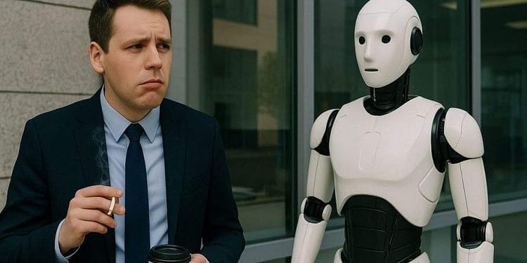 Un corporatist înlocuit de un robot la job nu înțelege de ce ăla nu ia pauze de țigară