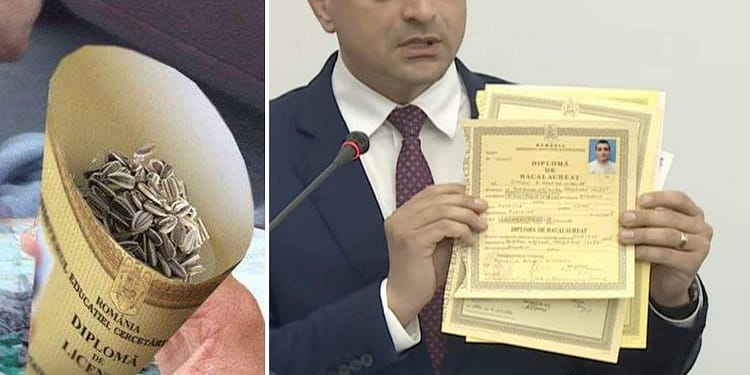 Simion a desfăcut cornetul din care mânca seminţe ca să arate că e făcut dintr-o diplomă