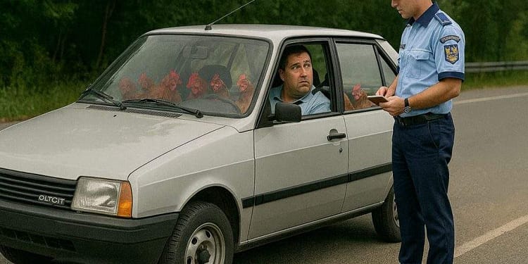 Șofer de Oltcit, amendat pentru că găinile de pe scaunul din față nu purtau centură